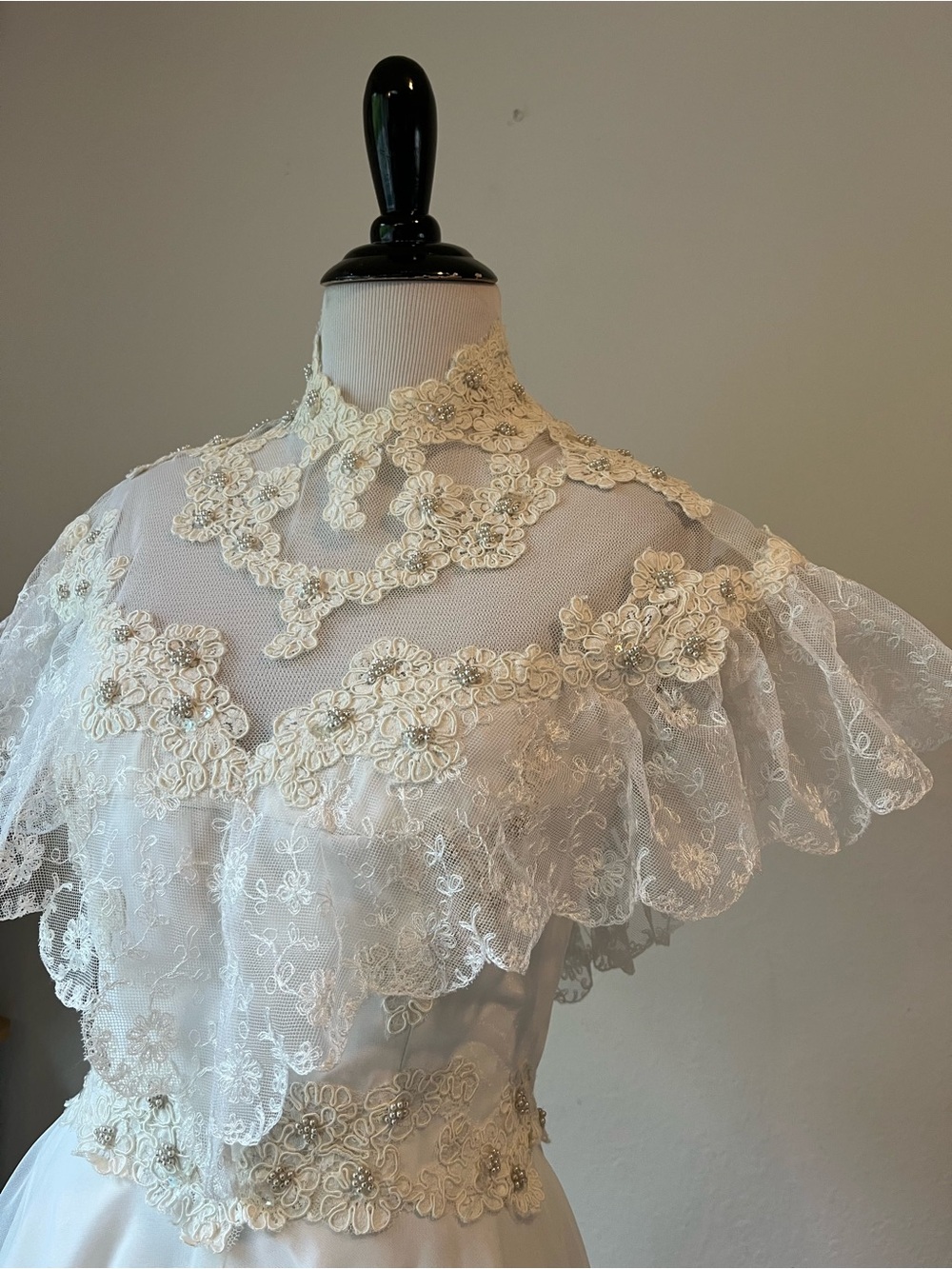Vtg 70s Wedding Dress Prairie Chiffon Lace Victorian Prairie High Neck Cottage